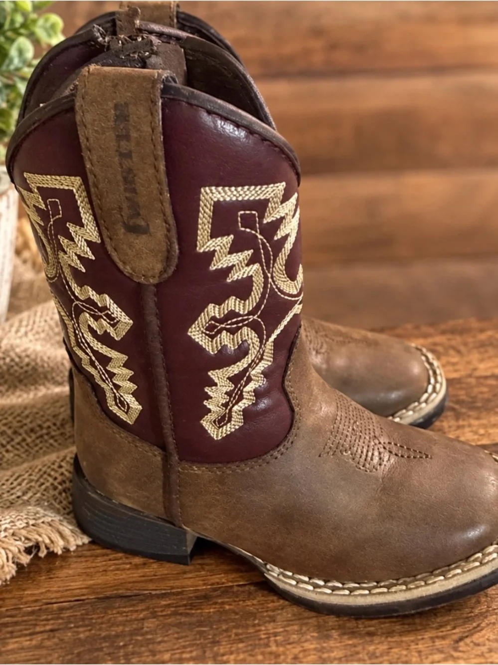 Twister Brown and Burgundy Kids Western Cowboy Boots